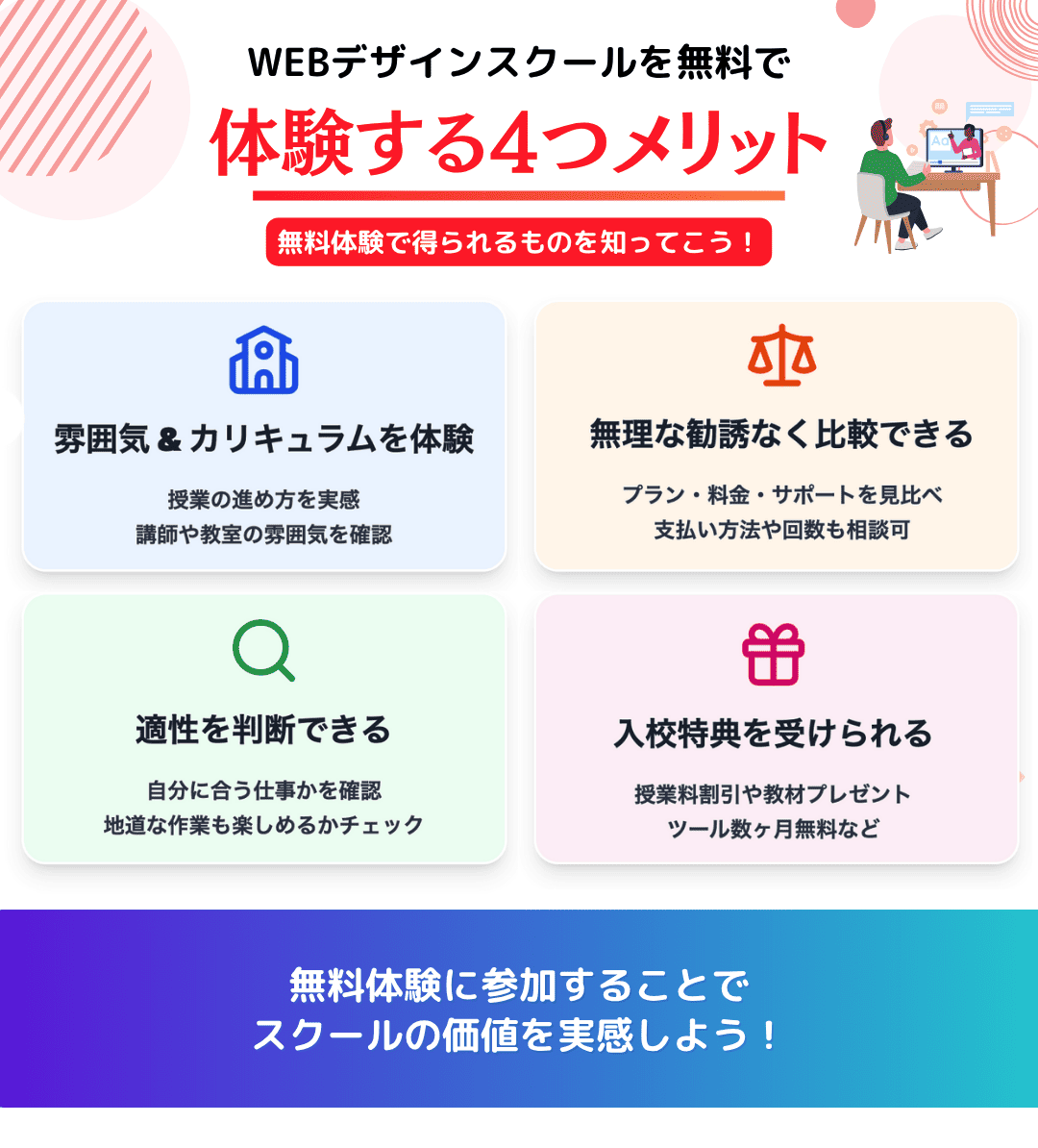 WEBデザインスクールの無料体験を受けるメリット4つ