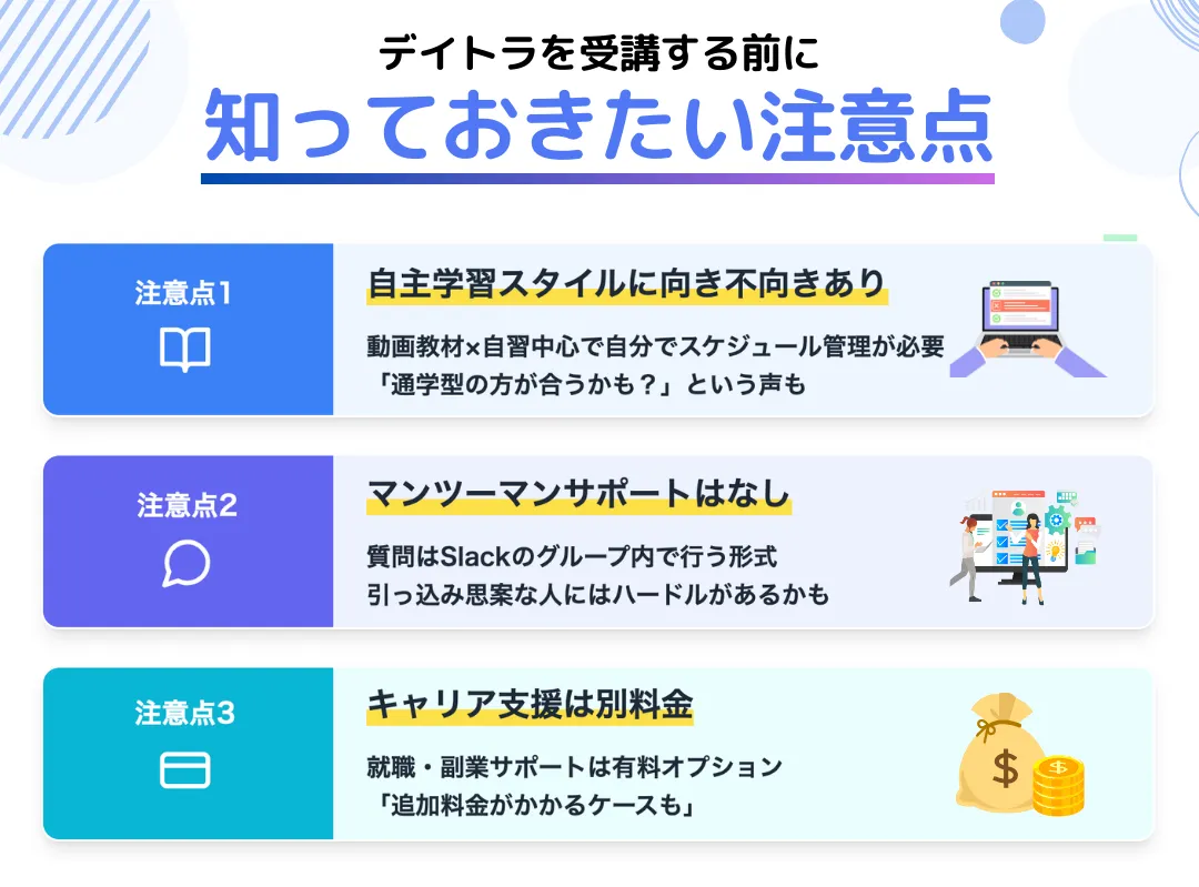 口コミで指摘されているデイトラWebデザインコースの悪い評判・懸念点